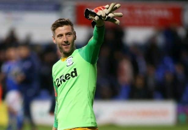 Paul Gallagher salutes the Preston fans after ending the 1-1 draw at Ipswich in goal