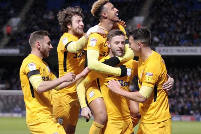 Preston North End's Paul Gallagher is mobbed after scoring his side's equalising goal against Ipswich
