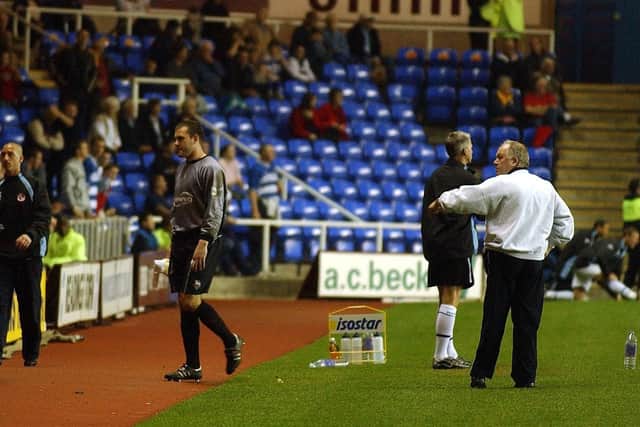 David Lucas trudges off, watched by PNE boss Craig Brown, after being red-carded against Reading in April 2003