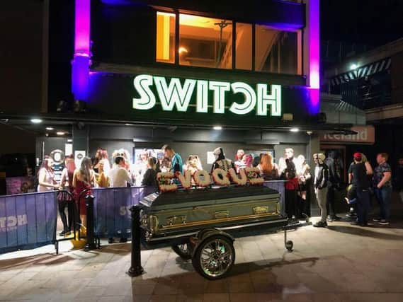 The Evoque coffin outside Switch