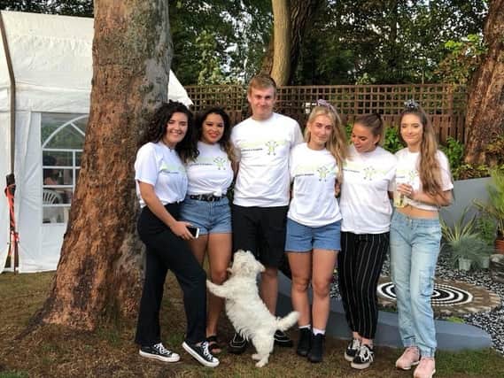 Antonia Isherwood, Lauryn Flore, George Thomas,  Catherine Ogden, Faye Webster and Claire Concannon and the dog Betsy at the fund-raiser for Derian House in memory of Catherine and Andrew's mum, Claire Elliott