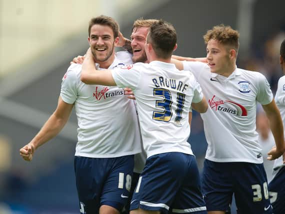 Andy Little is congratulated by his Preston team-mates after scoring against Sheffield United in August 2014