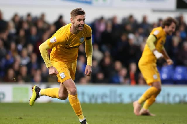 Paul Gallagher celebrates scoring with his first touch against Ipswich