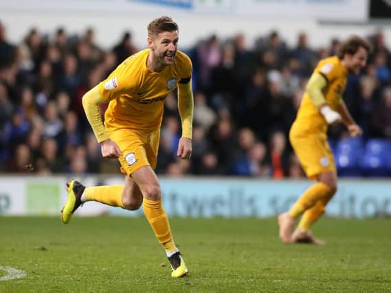 Paul Gallagher celebrates scoring with his first touch against Ipswich