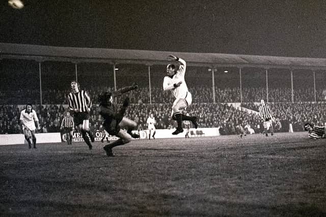 Preston player/manager Bobby Charlton has a shot in the FA Cup replay against Blyth Sparatans in 1974