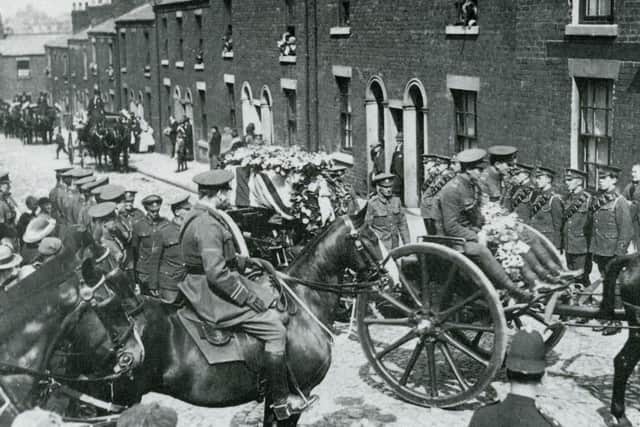 Funeral of Pte William Young VC on August 31, 1916 outside his house in Heysham Street, Preston. Pte Young's coffin, covered with a Union Jack and borne on a gun carriage, leaves the family home on its procession to the cemetery