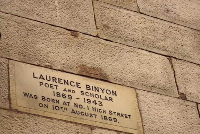 Plaque at 1, High Street, Lancaster, in memory of poet Laurence Binyon who was born there