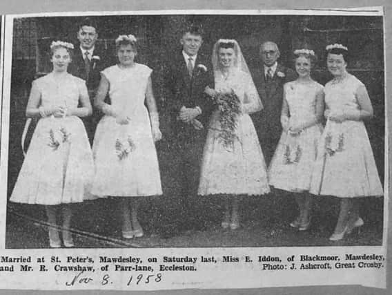 Rodney and Ellen Crawshaw on their wedding day, with their bridesmaids, best man and Ellen's dad