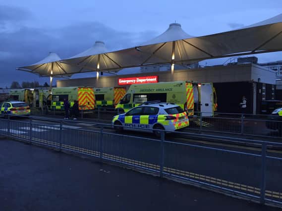 Ambulances queue outside Preston A&E. Pic: Lindsay Hoyle