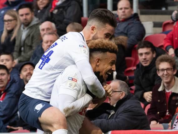 Sean Maguire congratulates Callum Robinson on scoring what turned out to be the winning goal