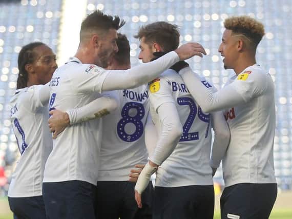 PNE players celebrate taking the lead against Rotherham
