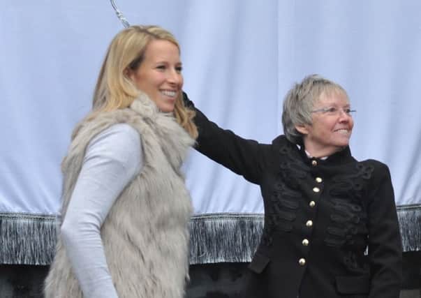 Gail Newsham (right) unveils the Dick, Kerr Ladies tribute at Deepdale in 2017 with Rachel Brown-Finnis