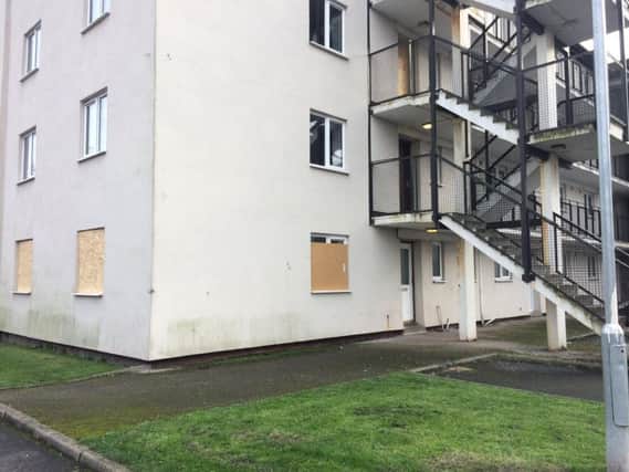Three windows on the ground floor at Conway House were boarded up after the attack