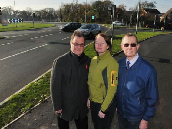 Penwortham Councillors David Howarth, Angela Turner and Harry Hancock at the crossing on the A582