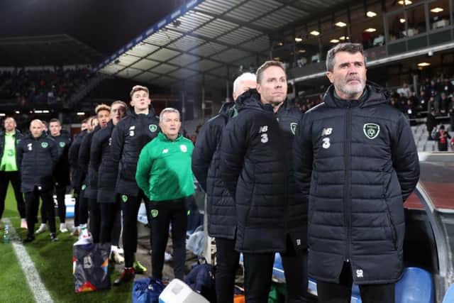 The Republic of Ireland bench, including Callum Robinson, during the national anthems in Denmark