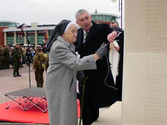 Sister Francis has died aged 102. In 2010 she unveiled the Chorley Pals Memorial with Sir Lindsay Hoyle MP (Photo: Steve Williams)