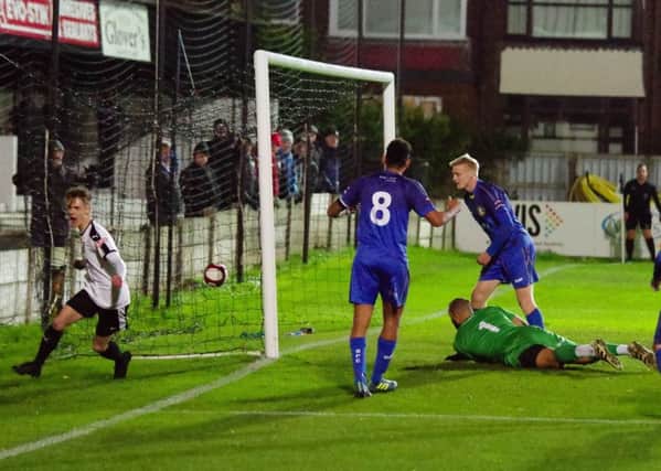 Bamber Bridge's Bolton loanee Matthew Argent-Barnes celebrates his goal on Tuesday night. Picture: Ruth Hornby