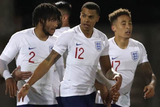 Lukas Nmecha celebrates his goal for England's Under 20s on Monday night
