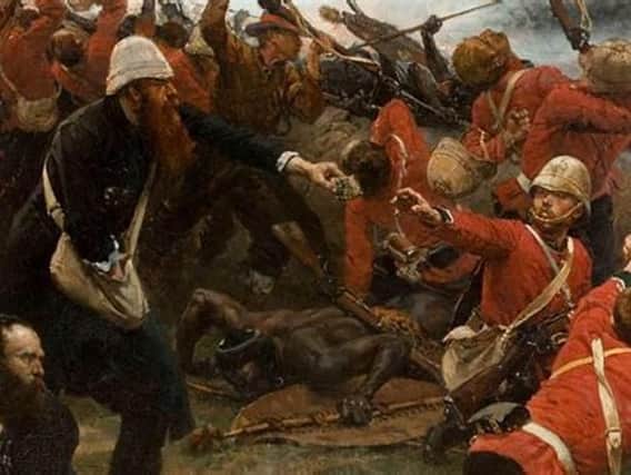 Detail from the painting The defence of Rorkes Drift by Alphonse de Neuville showing Rev George Smith passing ammunition to a soldier