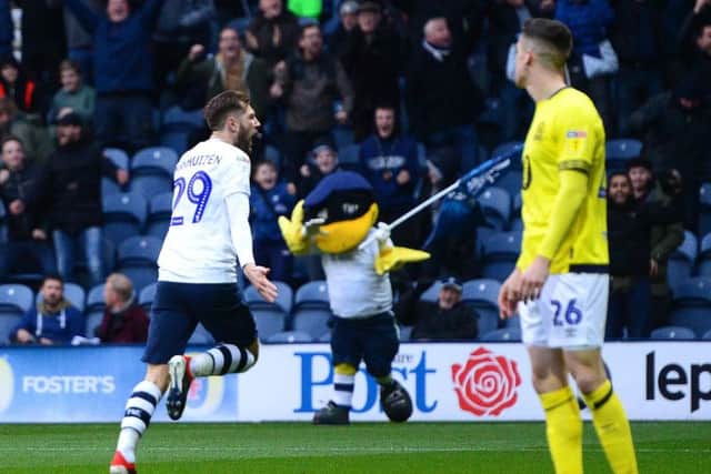 Tom Barkhuizen gives Preston an early lead against Blackburn as Deepdale Duck watches on