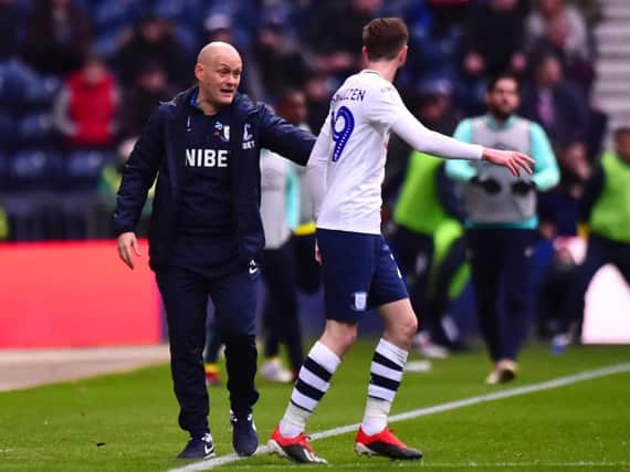 PNE boss Alex Neil delivers instructions to Tom Barkhuizen during the 4-1 win over Blackburn