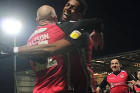 Morecambe celebrate Kevin Ellison's goal on Saturday
