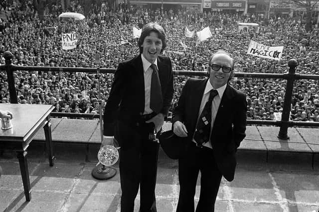 Player Mike Elwiss and manager Nobby Stiles (at the civic reception given to Preston North End in recognition of their promotion in 1978
