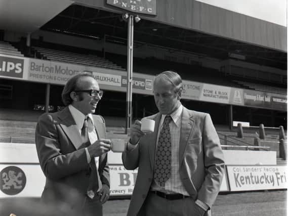 World Cup winners Nobby Stiles and Sir Bobby Charlton catch up during their Preston North End days