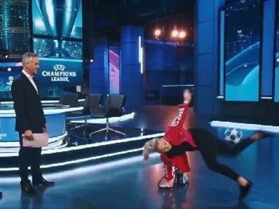 Leyland's world champion freestyle footballer Liv throws a curve ball at Lineker in video clip. Screen grab
