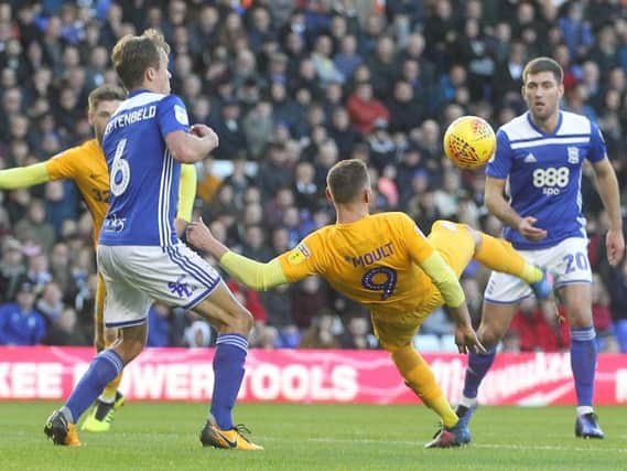 Preston striker Louis Moult tries an overhead kick in the defeat at Birmingham