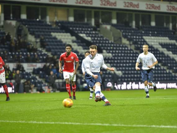 Jack Baxter gives PNE's Under-18s the lead against Charlton from the penalty spot,   picture Dave Kendall, courtesy of PNE
