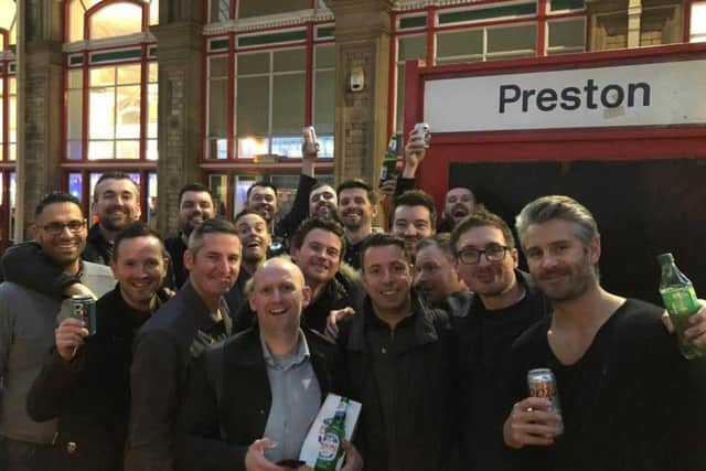 The stag do party for Danny Steel, front right, outside Preston railway station