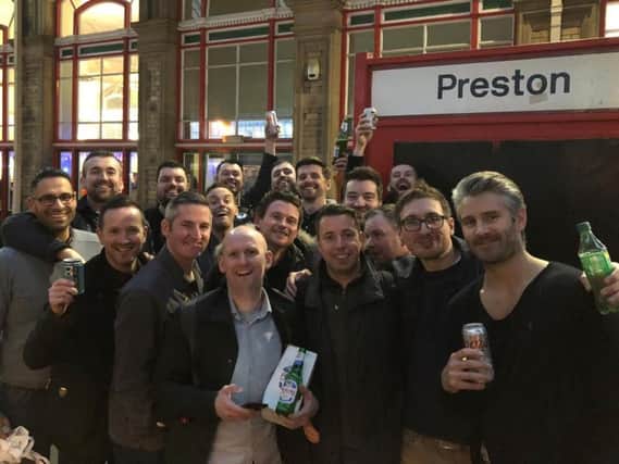 The stag do party for Danny Steel, front right, outside Preston railway station