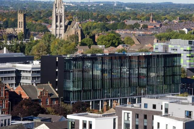 The exterior of the impressive new UCLan Engineering and Innovation centre towers above the city skyline