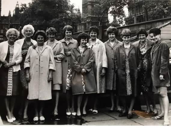 Leyland Motors stationery department on a trip to London, in probably the late 1960s. Mabel Pickup is pictured far left. Her sister, Joan Sharrock is next to her