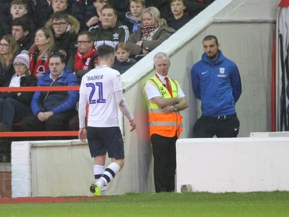 Preston winger Brandon Barker heads for the tunnel after pulling-up with a hamstring injury at Nottingham Forest