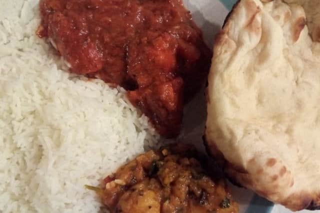 Dilnaz chicken tikka balti bhuna, naan and aloo methi