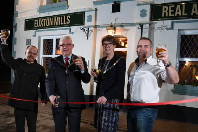 The Deputy Mayor and Mayoress of Chorley, Coun Greg and Jocelyn Morgan with Leam and Lee Moffitt at the re-launch of the Euxton Mills, Chorley