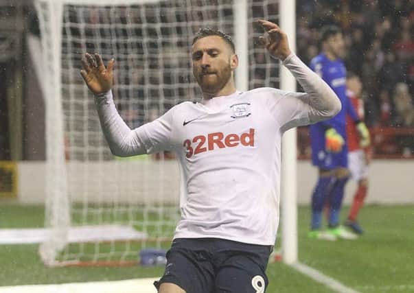 Preston North End's Louis Moult celebrates scoring his side's first goal