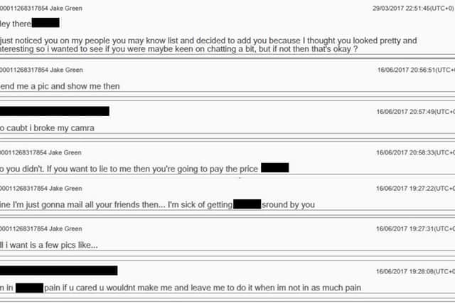 Copies of messages that Naude sent to some of his victims online.
