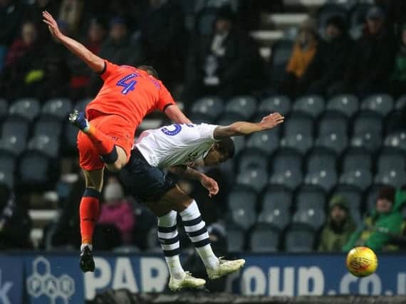 Lukas Nmecha battles for the ball during Preston's win over Millwall