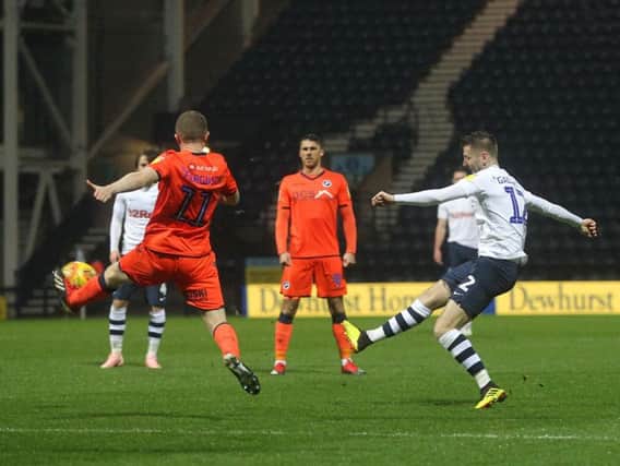 Paul Gallagher goes for goal in Preston's win over Millwall on Saturday