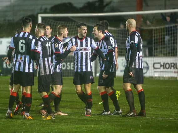 Chorley players rush to congratulate Alex Newby after his goal against Darlington