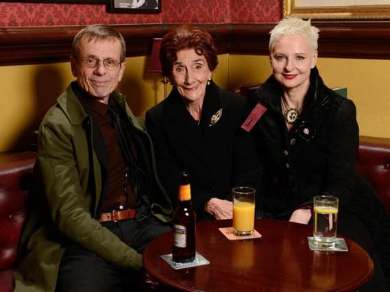 June Brown as Dot Cotton (centre) with Linda Davidson and Tom Watt who will both make brief returns to EastEnders reprising their roles of Mary "The Punk" Smith and George "Lofty" Holloway