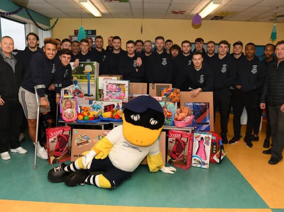 The Preston North End squad - and Deepdale Duck - at the Royal Preston Hospital. Picture: Neil Cross
