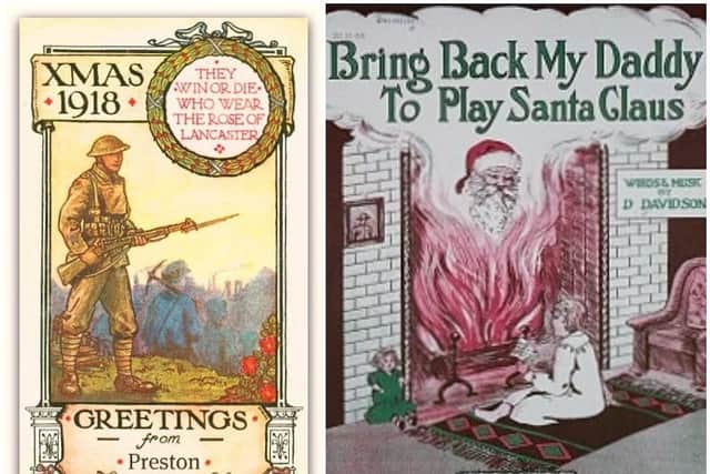 Christmas 1918 greetings card from Preston, left, and a popular wartime song