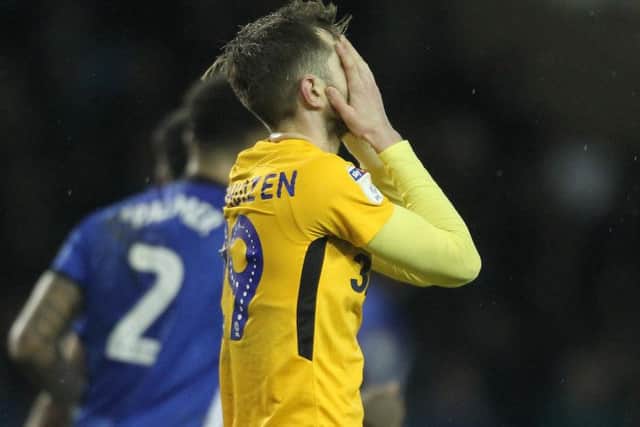 Tom Barkhuizen reacts after heading over the bar in PNE's defeat at Sheffield Wednesday on Saturday