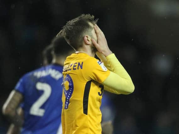 Tom Barkhuizen reacts after heading over the bar in PNE's defeat at Sheffield Wednesday on Saturday