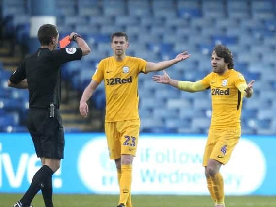 Preston midfielder Ben Pearson is sent-off against Sheffield Wednesday