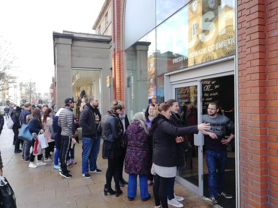 One in, one out - several dozen shoppers were queuing outside the Fishergate branch of Lush.